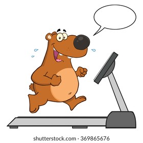 Smiling Brown Bear Cartoon Character Running On A Treadmill With Speech Bubble. Vector Illustration Isolated On White