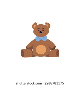 Smiling brown bear toy with blue bow flat style, vector illustration isolated on white background. Gift for baby shower party, decorative design element