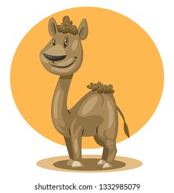 A smiling Brown camel in orange background, vector, color drawing or illustration.