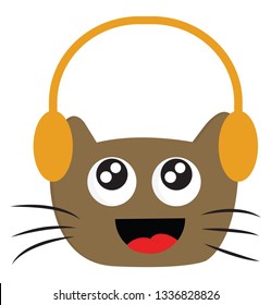 Smiling brown cat with headphones vector illustration on white background.