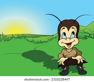 Smiling Brown Cricket Sitting on the Ground from Front View - Colored Cartoon Illustration with Background, Vector