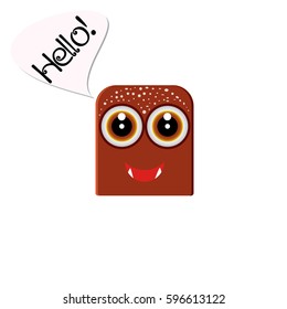 Smiling brown monster with big eyes in cartoon style. Funny creature welcomes you. Vector illustration isolated