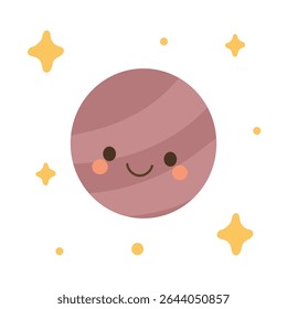 Desenho animado de planeta marrom sorridente com redemoinhos suaves e fundo de espaço pontilhado. Perfeito para temas do sistema solar, arte cósmica e projetos educacionais.