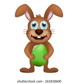 smiling brown rabbit holds green easter egg animal vector illustration isolated on white