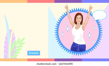 Smiling brown-haired woman reaches hands up. Happy Girl in shirt stretching. Detailed flat colorful vector illustration stock.