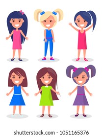 Smiling brunette and blonde girls with different hairstyles, kindergarten kids vector illustration isolated on white background