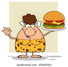 Smiling Brunette Cave Woman Cartoon Mascot Character Holding A Big Burger And Gesturing Ok. Vector Illustration Isolated On White Background