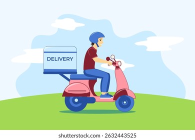 Correio morena sorridente andando de moto com um suporte de bagagem em forma de caixa. Natureza de fundo, paisagem, prado verde, céu azul, nuvens brancas. Entrega, courier, desenho de personagens de desenho animado