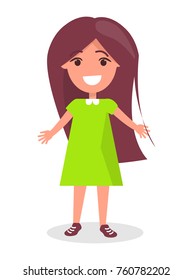 Smiling brunette girl with long hair in green dress, kindergarten cartoon kid vector illustration isolated on white background