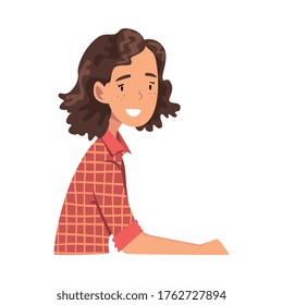 Smiling Brunette Girl Sitting and Looking at Us Cartoon Vector Illustration