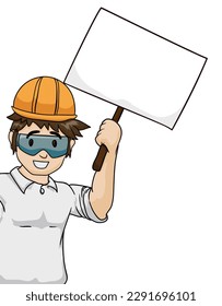 Smiling brunette male construction worker with hard hat, safety glasses and white shirt, holding blank banner with wooden flagpole. Template in cartoon style.