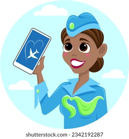 Smiling brunette stewardess in blue uniform with smartphone and aviation app for avatar or icon