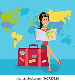 Smiling brunette woman seating on red suitcase and looking in road map. Woman on background of world map. Summer vacation concept. Traveling with baggage illustration. Flat style design.