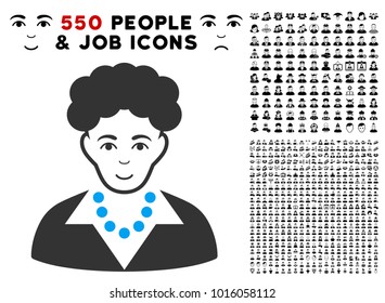 Smiling Brunette Woman vector pictograph with 550 bonus pity and happy people clip art. Human face has enjoy expression. Bonus style is flat black iconic symbols.