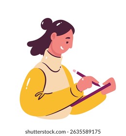 Mulher morena sorridente em suéter amarelo escrevendo com lápis no caderno ou diário. Estilo de desenho animado plano. Ilustração vetorial para planejamento, registro em log, educação ou projetos criativos.