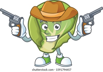 Smiling brussels sprouts mascot icon as a Cowboy holding guns