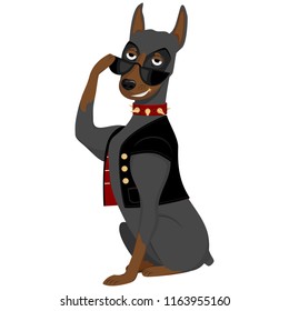 smiling brutal cool cartoon dog doberman dressed in leather jacket and sunglasses, isolated vector clipart