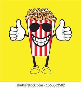 smiling bucket of popcorn. Vector flat cartoon character illustration icon