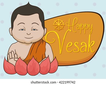 Smiling Buddha doing a mudra gesture with her hand, over a lotus flower and a sign for Vesak holiday.