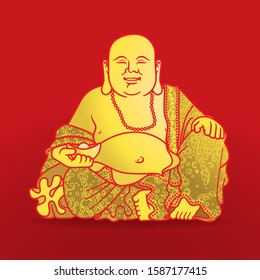 Smiling Buddha line vector . A happy lucky chinese god sitting action.Golden Asian monk illustration.