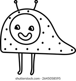 Um monstro de inseto sorridente com antenas e corpo pontilhado em um estilo divertido de rabiscar. A criatura tem uma expressão alegre e linhas simples, criando um personagem divertido. Ilustração de vetor de desenhos animados.
