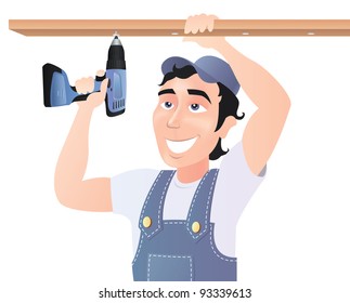 Smiling builder in blue uniform tightening screws with drill