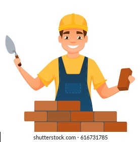 Smiling builder. Bricklayer in uniform isolated on white.