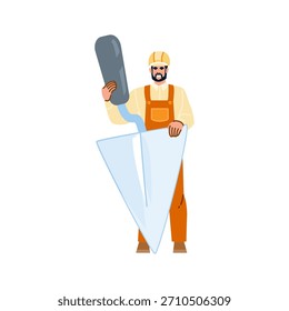 Carácter de constructor sonriente en sombrero duro y monos que sostienen una Grande paleta, que representa a un comerciante o artesano calificado en la industria de la albañilería, la renovación, la reparación o la construcción