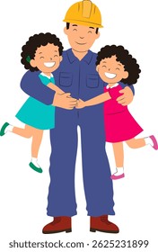 smiling builder dad hugging two daughters happy family celebration father’s day colorful illustration artwork for worker appreciation daughter’s day