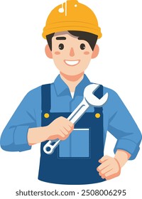 Constructor sonriente jpg Icono mecánico automático Vector png Ilustración del ingeniero masculino Reparador Sombrero duro Plomero en la llave de retención Servicios de construcción Mantenimiento Industrial Logotipo tipo fondo blanco eps