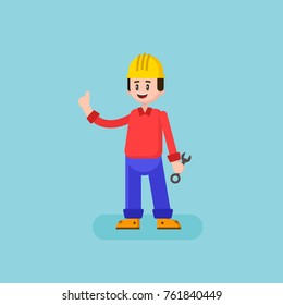 Smiling builder showing thumbs up and holding a wrench. Vector flat illustration.