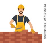 Smiling Builder Working on a Brick Wall. Flat vector illustration isolated on white background