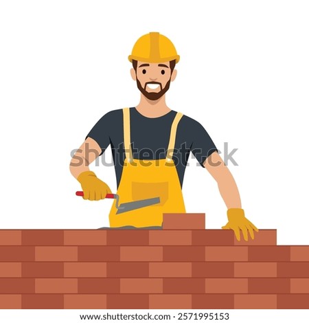 Smiling Builder Working on a Brick Wall. Flat vector illustration isolated on white background