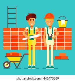 A smiling builders wearing a hard hat buiding a brick wall. A Contemporary style with bright palette. Vector flat design illustration. 