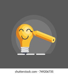 Smiling bulb, positive emotion character vector cartoon illustration, pencil drawing smiling face on lighting bulb isolated on gray background