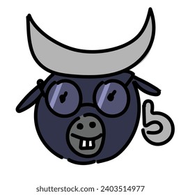 smiling bull with glasses in cartoon style on white background