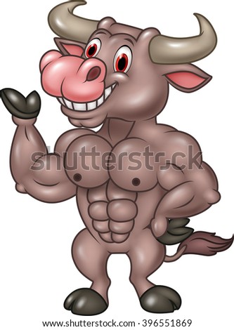Smiling bull mascot presenting islated on white background