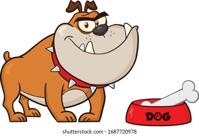 Smiling Bulldog Cartoon Character With Bowl And Bone. Vector Illustration With Background