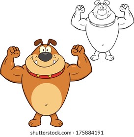 Smiling Bulldog Cartoon Mascot Character Showing Muscle Arms. Vector Illustration Isolated on white