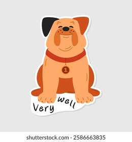 Smiling bulldog dog sticker isolated background. Cute Satisfied dog sticker and lettering Very well. Humorous picture for decoration in social networks, web design, logo. Image of a bulldog.