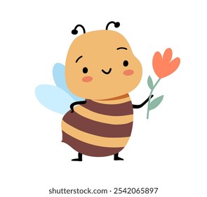 Smiling bumble bee character holding a flower. Hand drawn flat vector isolated illustration. 