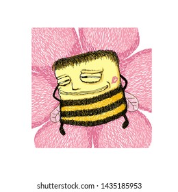 Smiling bumblebee is laying on a flower and enjoying sweet memories.
Hand drawn vector illustration.