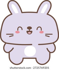 Smiling bunny character with rounded body, closed eyes, blush cheeks, and bold outline in kawaii cartoon. Symbol of joy, kindness, and friendship, perfect for kid brand. Cartoon vector illustration.