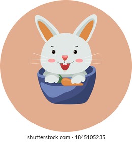 Smiling bunny in a cup on a round background