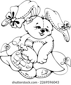 Smiling Bunny girl cartoon character, black on white isolated vector doodle stock illustration, coloring book page for children, greeting or invitation card or textile print