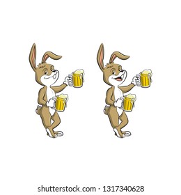 Smiling Bunny Holding Glasses of Beer Like a Boss Cartoon Mascot