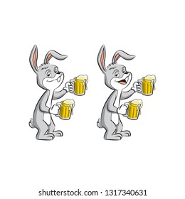 Smiling Bunny Holding Glasses of Beer Like a Boss Cartoon Mascot