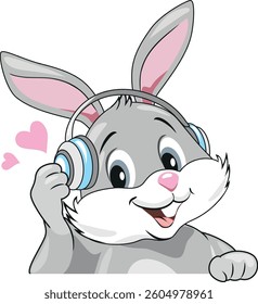 Smiling bunny listen to music in headphones. Vector