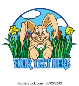 Smiling, Bunny Rabbit. Cartoon, Illustration of Easter Bunny in the Grass with Spring Flowers and Blue Sky Background!