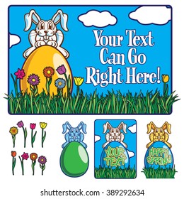 Smiling Bunny Rabbit Sitting Perched on top of an Egg with Flowers and Spring Time Scene!